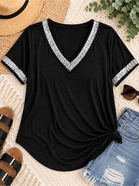 Black V-Neck Tee with Silver Sequin Trim